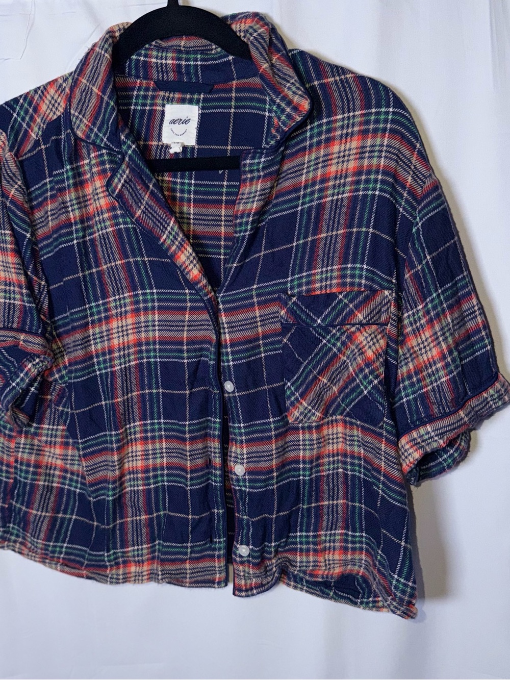 aerie Navy Plaid Button-Down Shirt with Red and Green Stripes Cropped